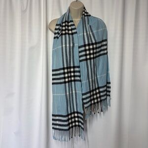 100% Cashmere Scarf Plaid 66" Made In Scotland Baby Blue Black Check Preppy